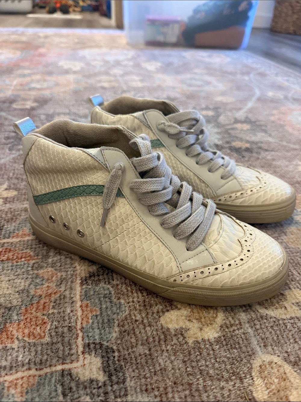 ShuShop Riley Bone Snakeskin High Top Vintage Retro Sneakers- Natural w/Seafoam
